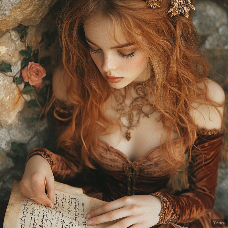 A woman in a brown velvet dress sits surrounded by greenery, lost in thought as she holds an open book or scroll.