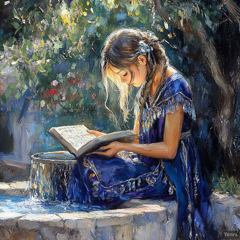 A young girl reads a book on a stone wall surrounded by nature.