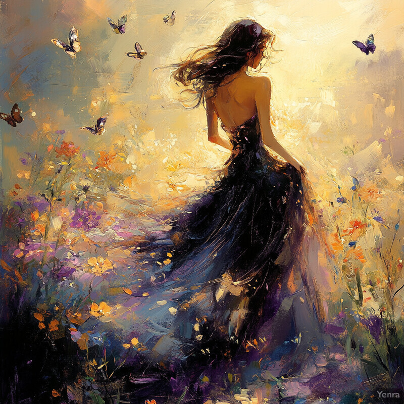 A serene painting of a woman surrounded by flowers and butterflies in a field.