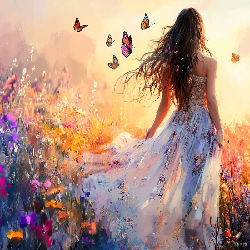 A serene scene of a woman in a white dress walking through a field of wildflowers at sunset, surrounded by butterflies