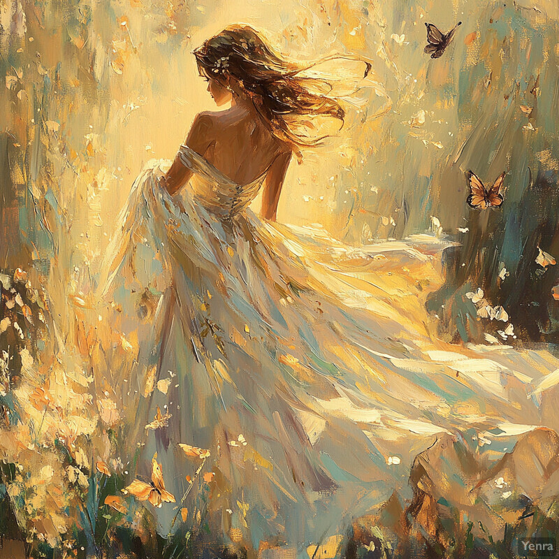 A woman in a white dress stands amidst flowers and butterflies, basking in warm sunlight.