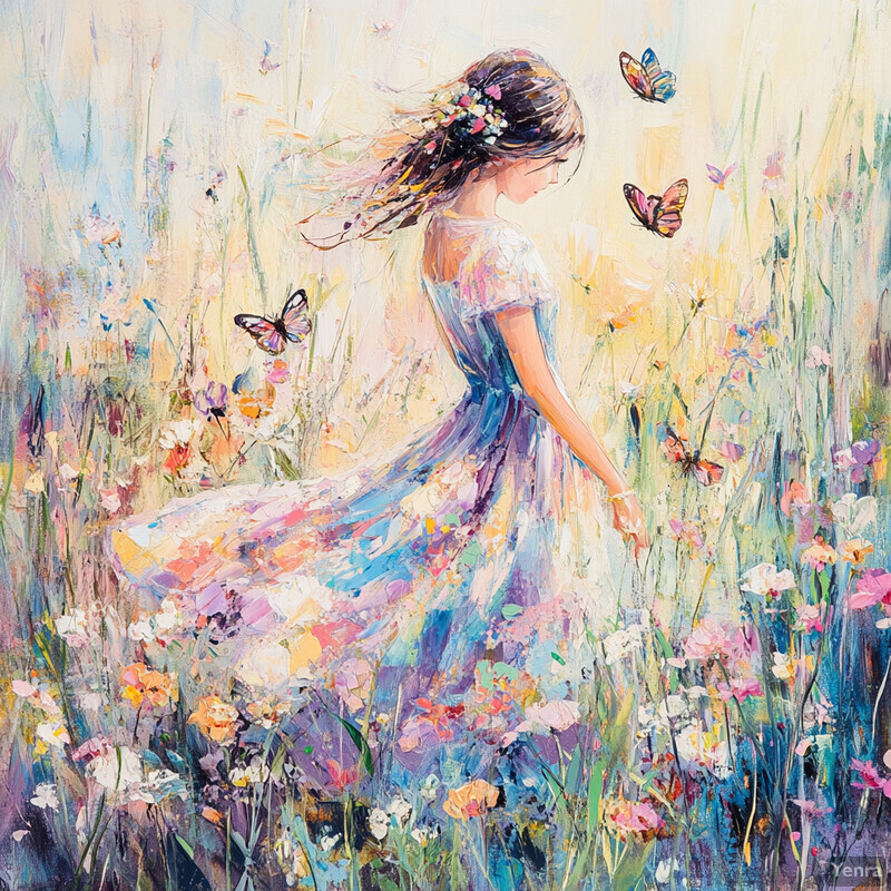 A young girl stands amidst a field of wildflowers, lost in thought and surrounded by beauty.