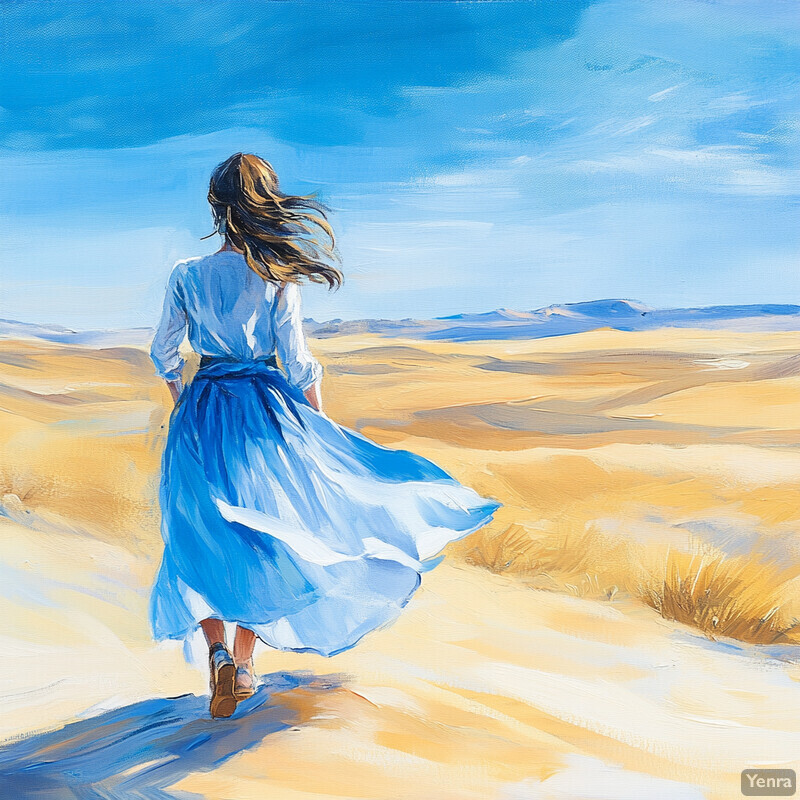 A serene desert scene featuring a woman in a flowing blue skirt and white shirt walking away from the viewer.