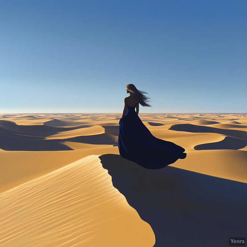 A woman stands alone in a vast desert landscape, her blue dress flowing behind her.