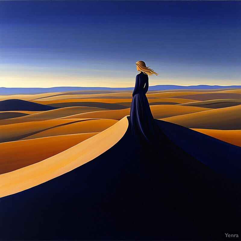 A woman stands alone in a vast desert landscape, surrounded by endless dunes and a brilliant blue sky.