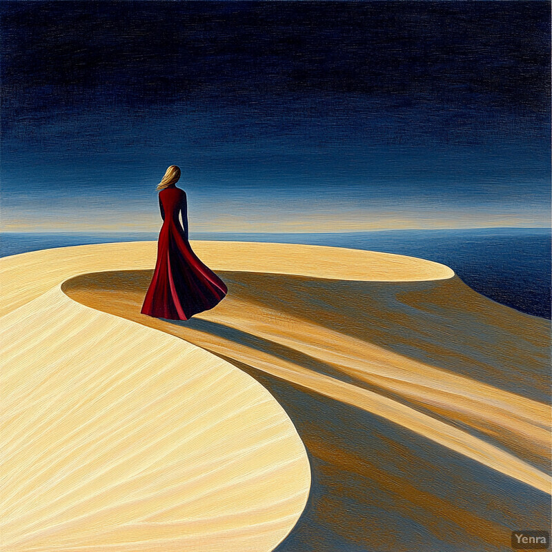 A woman stands in a vast desert landscape, surrounded by sand dunes and mountains, gazing out at the sunset.