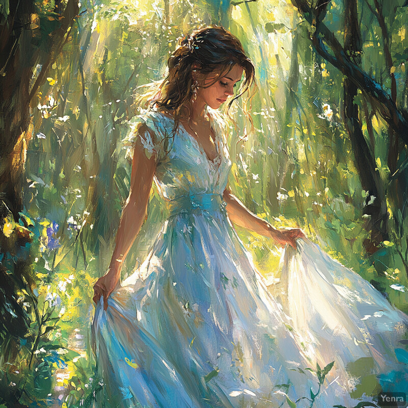 A serene forest scene with a woman in a white dress standing amidst tall trees and lush greenery.