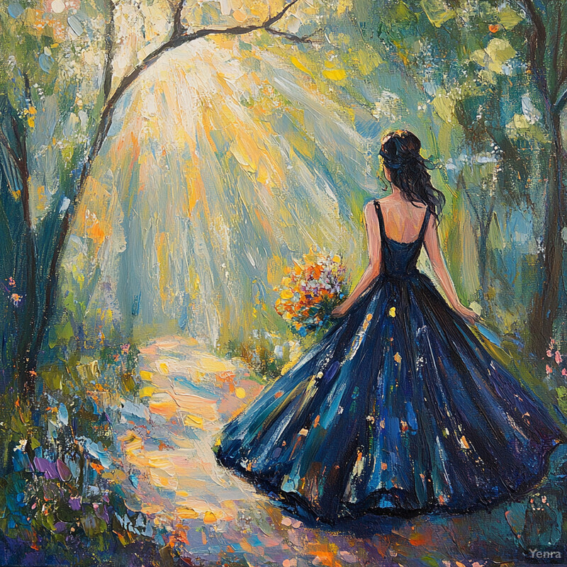 A serene forest scene with a woman walking along a winding path, surrounded by lush greenery and vibrant flowers.