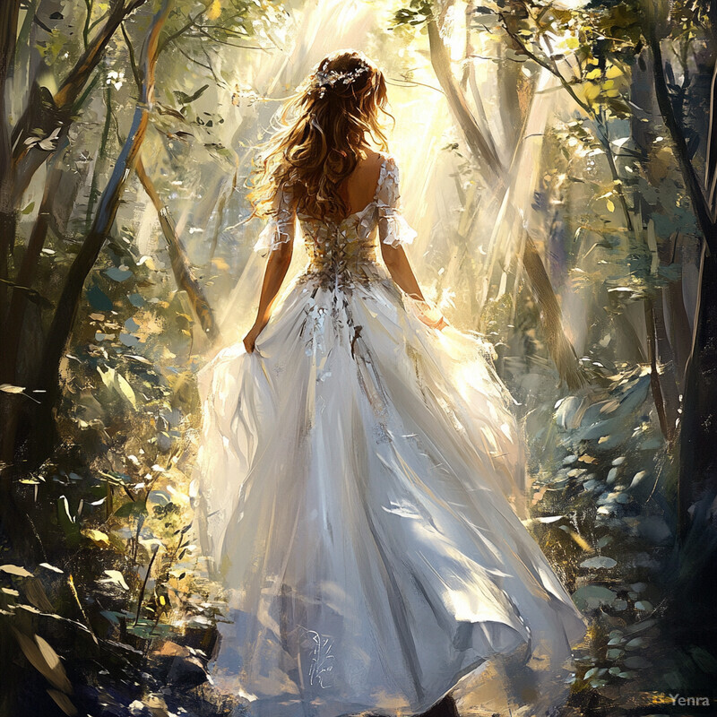 A woman stands in a forest, wearing a flowing white dress with lace and flowers in her hair, bathed in a bright light.