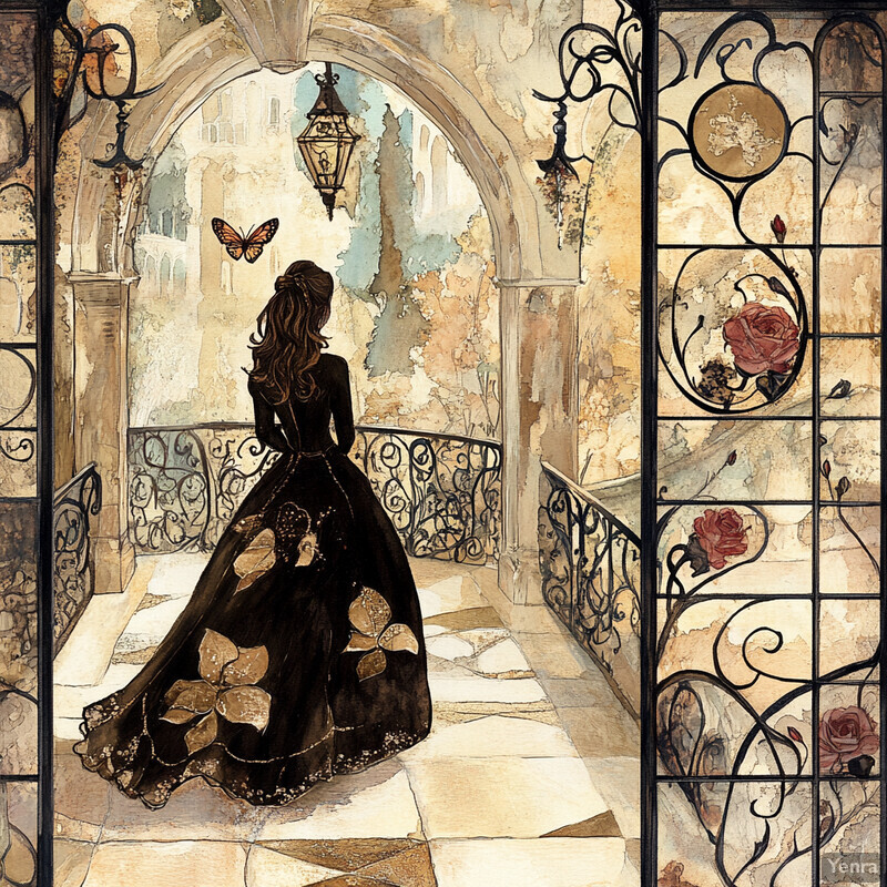 A woman in a long black dress walks through an arched stone passageway with ornate ironwork railings and a light fixture suspended from the ceiling. A butterfly is flying above her head, adding a touch of whimsy to the scene.