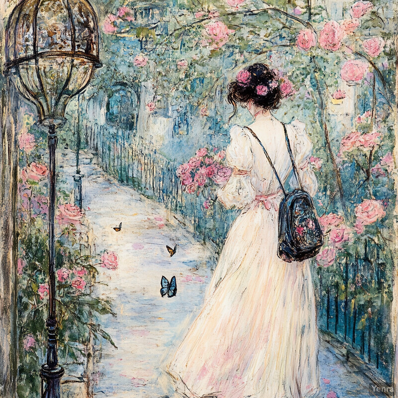 A serene and idyllic scene of a woman strolling through a garden