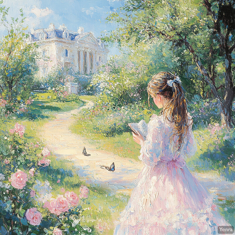 A young girl stands on a stone path in a serene garden, surrounded by lush greenery and colorful flowers, lost in thought with an open book.