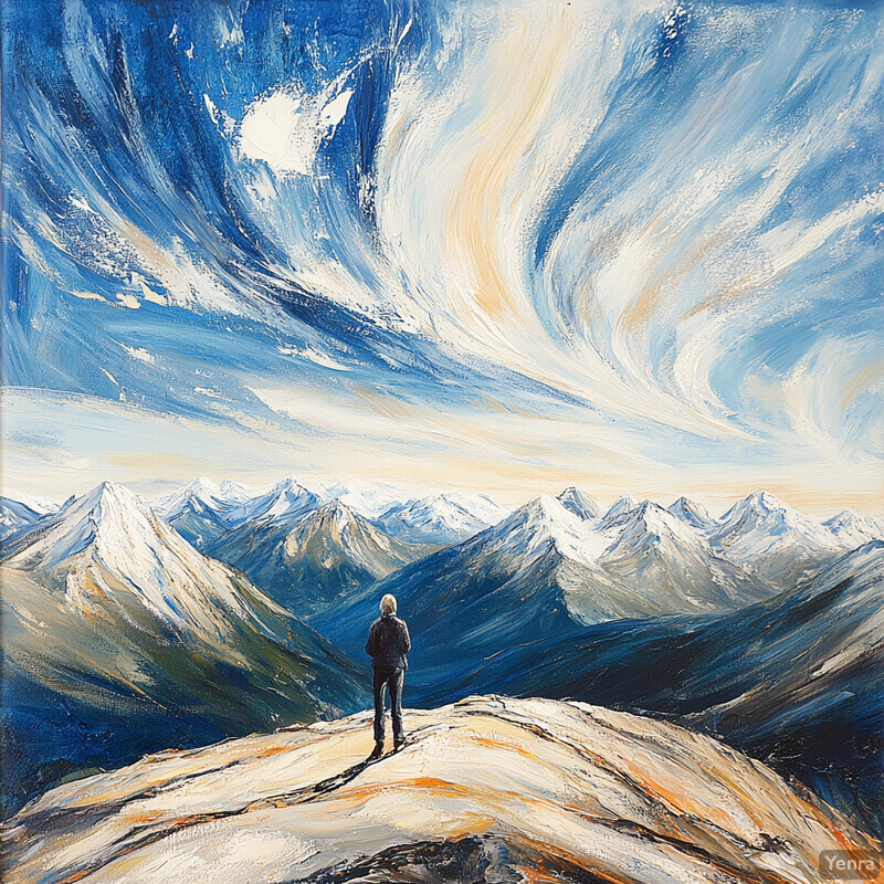 A serene mountain landscape with snow-capped peaks and a dynamic sky.