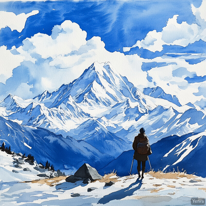 A serene winter landscape with a majestic snow-capped mountain range and a person standing on a hilltop gazing out at the view.