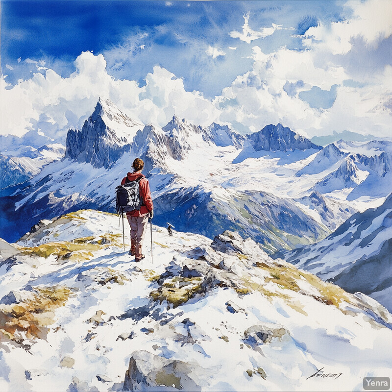 A woman stands on a rocky outcrop, gazing at snow-covered mountains in the background.