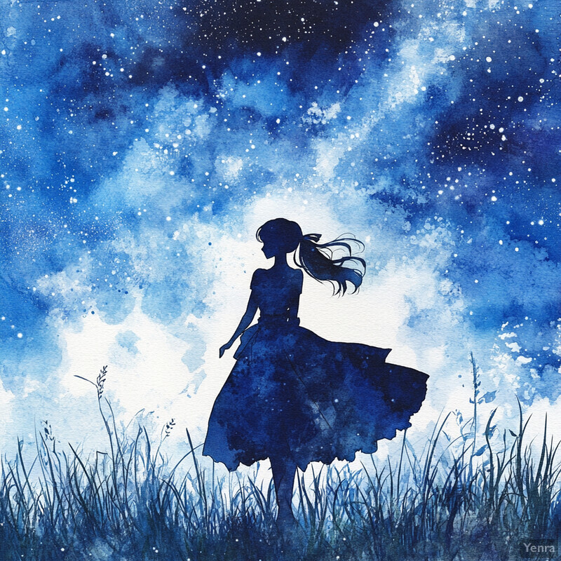 A serene and dreamy scene of a woman standing in a field, gazing up at the night sky