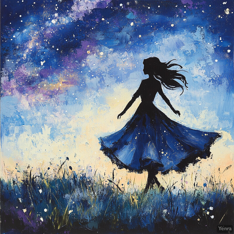 A captivating painting of a woman in a blue dress against a starry night sky with tall grasses in the foreground