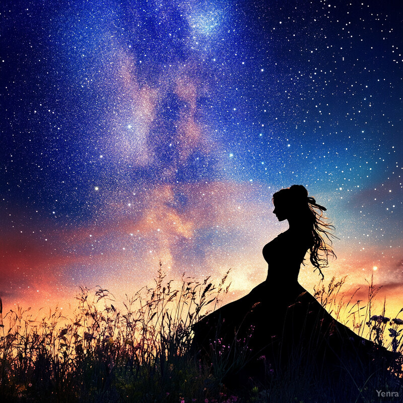 A silhouette of a woman standing in a field at night, gazing up at the starry sky.