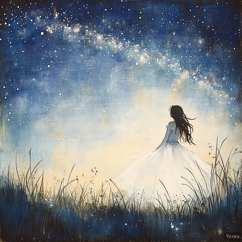 A woman in a white dress stands amidst tall grasses under a starry night sky, evoking a sense of enchantment and magic.