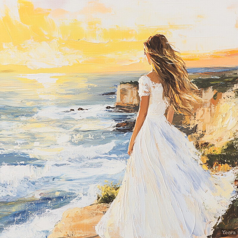 A serene scene of a woman standing on a rocky outcrop overlooking the sea, lost in thought as she gazes out at the horizon.