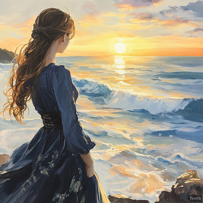 A serene painting of a woman standing by the sea, gazing out at the horizon.