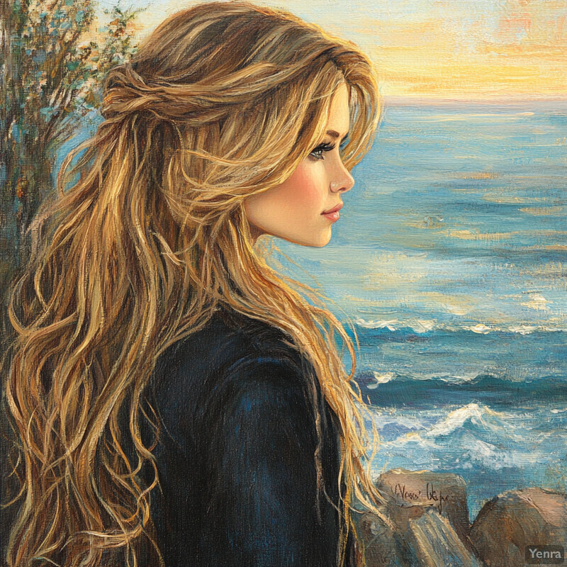 A serene painting of a woman standing by the sea, gazing out at the waves with a contemplative expression.