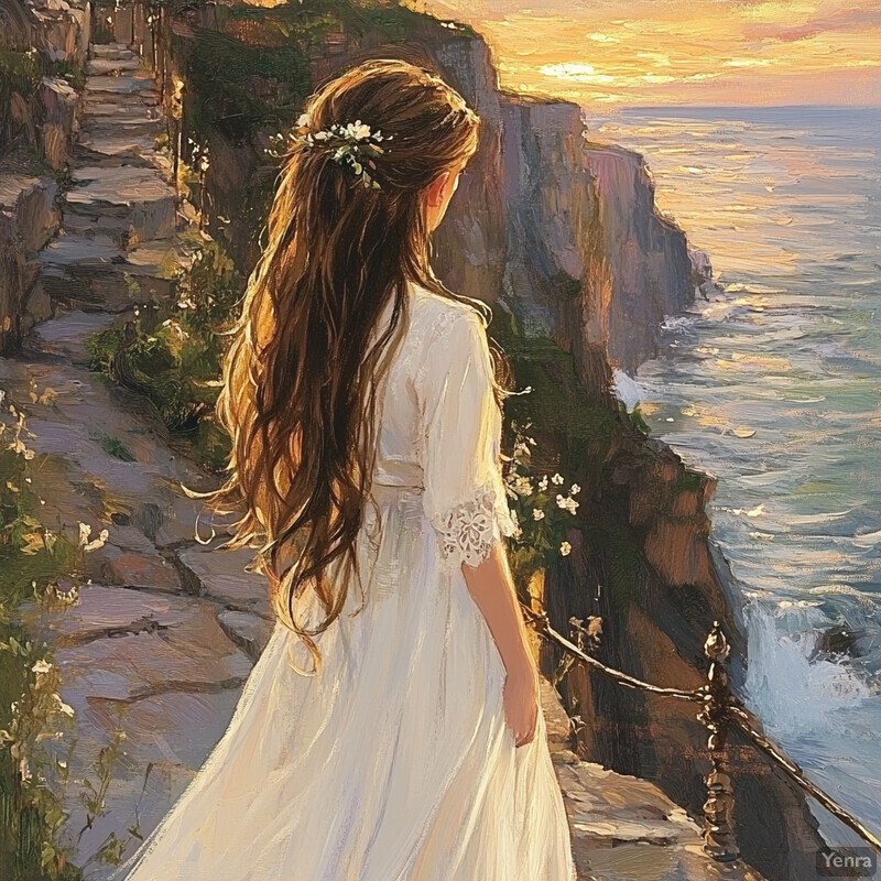 A serene and idyllic scene of a woman standing on a cliff overlooking the sea at sunset, with warm colors and a peaceful atmosphere.