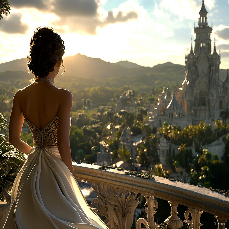 A woman in a white dress gazes out at a castle during sunset