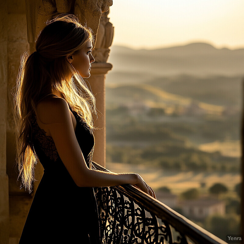 A serene photograph of a woman gazing out at a rural landscape from a balcony or ledge.