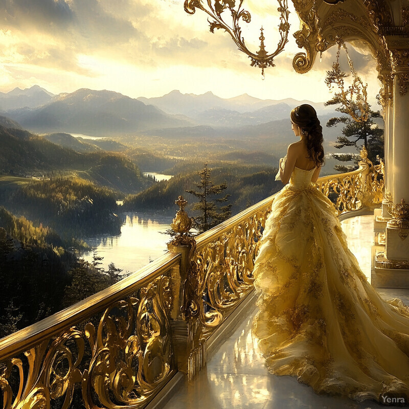 A woman in a gold ballgown stands on a balcony overlooking a mountainous landscape