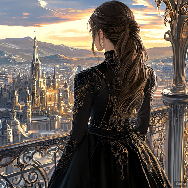 A woman stands on a balcony overlooking a cityscape at sunset