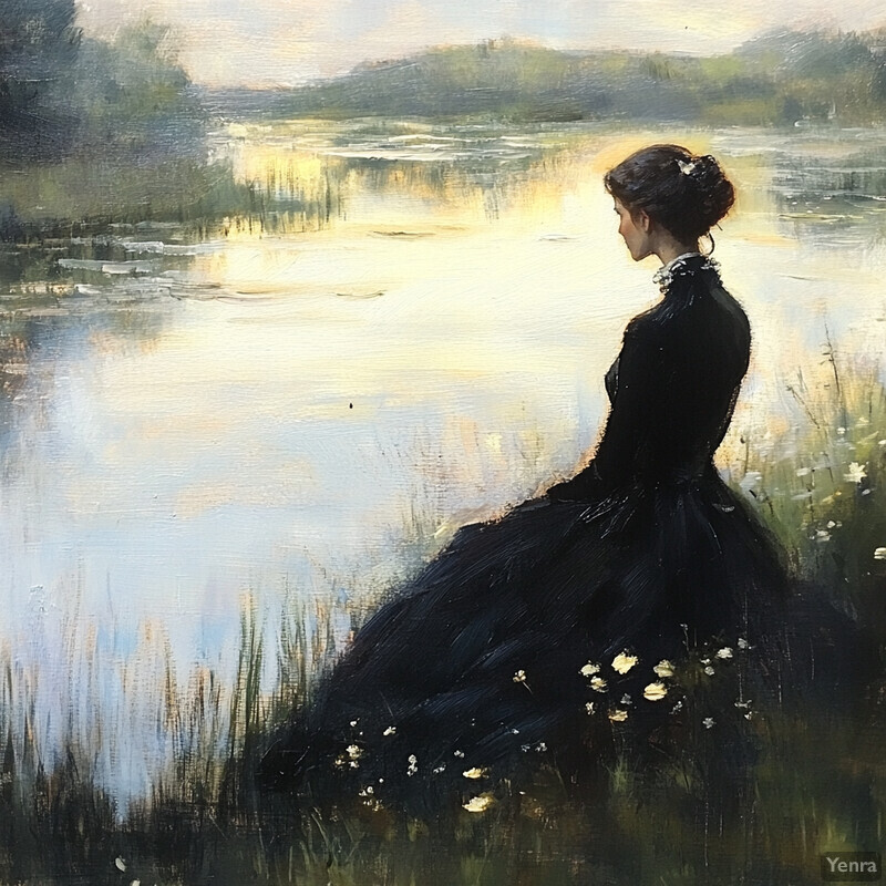 A woman sits by a body of water at twilight, lost in thought.