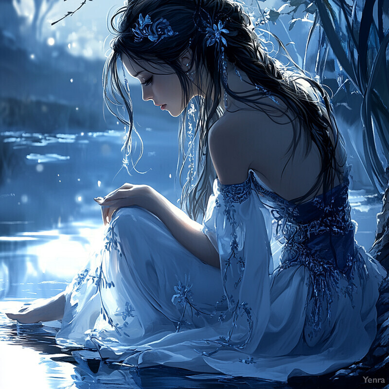 A serene digital artwork featuring a woman in white sitting by water surrounded by greenery