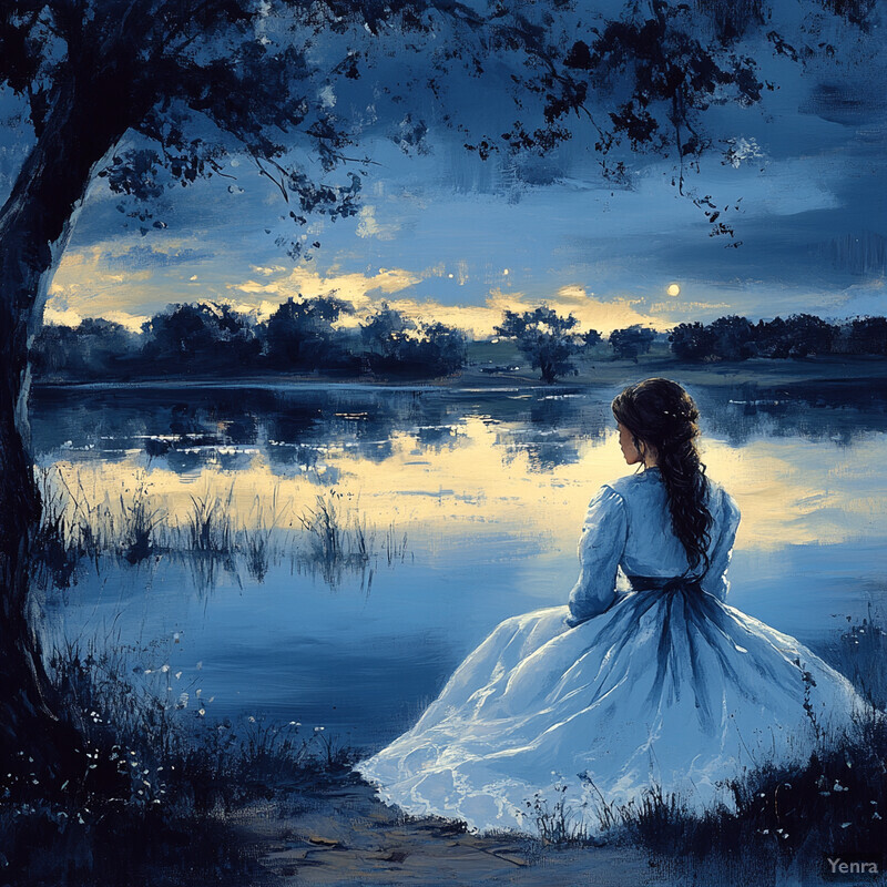 Serene Painting of Woman by Lake at Twilight