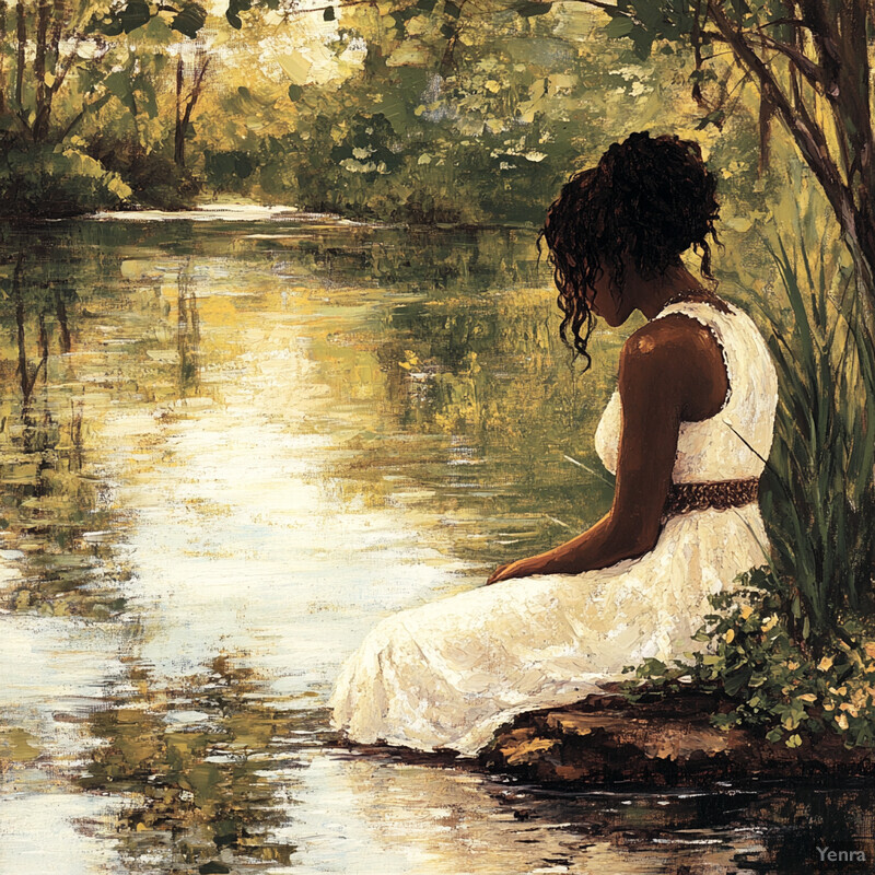 A serene and peaceful scene of a woman sitting by a riverbank surrounded by lush greenery.