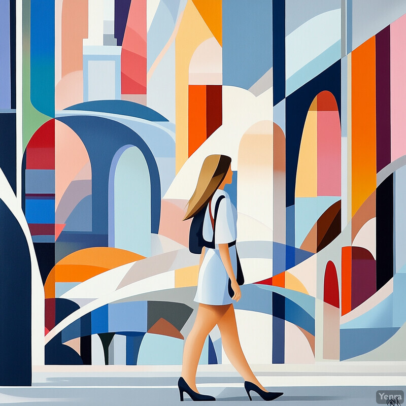 An abstract artwork featuring a woman walking through a cityscape with vibrant colors and geometric shapes reminiscent of Cubist art