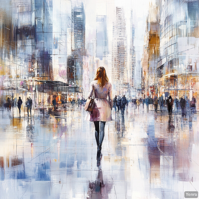 A woman strolls through a rainy cityscape in this impressionist painting.