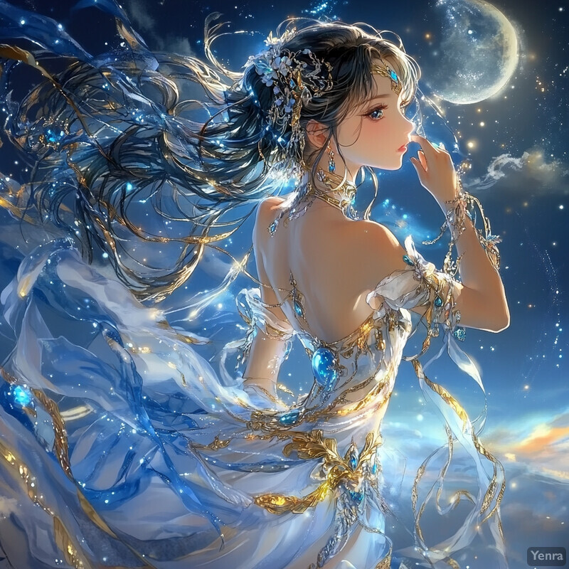 A serene and enchanting anime-style woman stands in front of a full moon, surrounded by an ethereal glow and delicate white flowers in her hair.