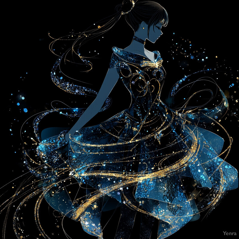 Anime-style illustration of a woman with long hair and a blue dress