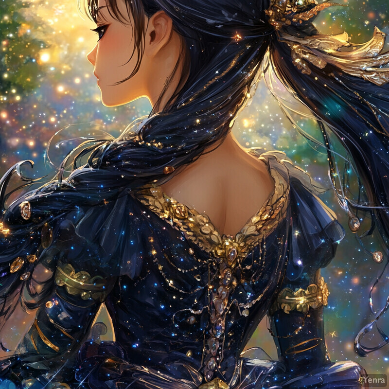 Anime-style illustration of a woman with long dark hair and blue dress