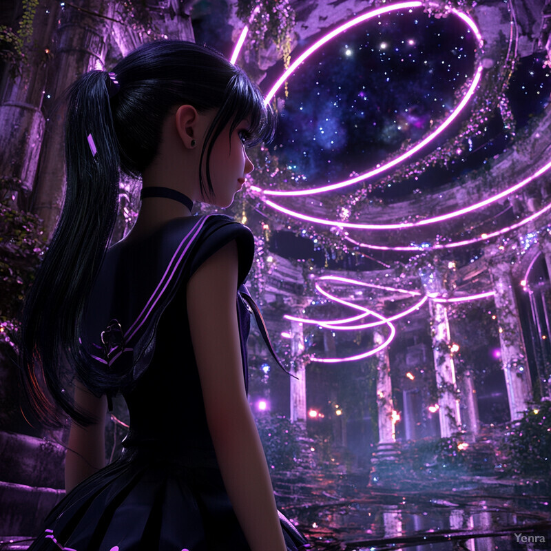 A young girl stands in front of a circular structure, looking outside to her left.