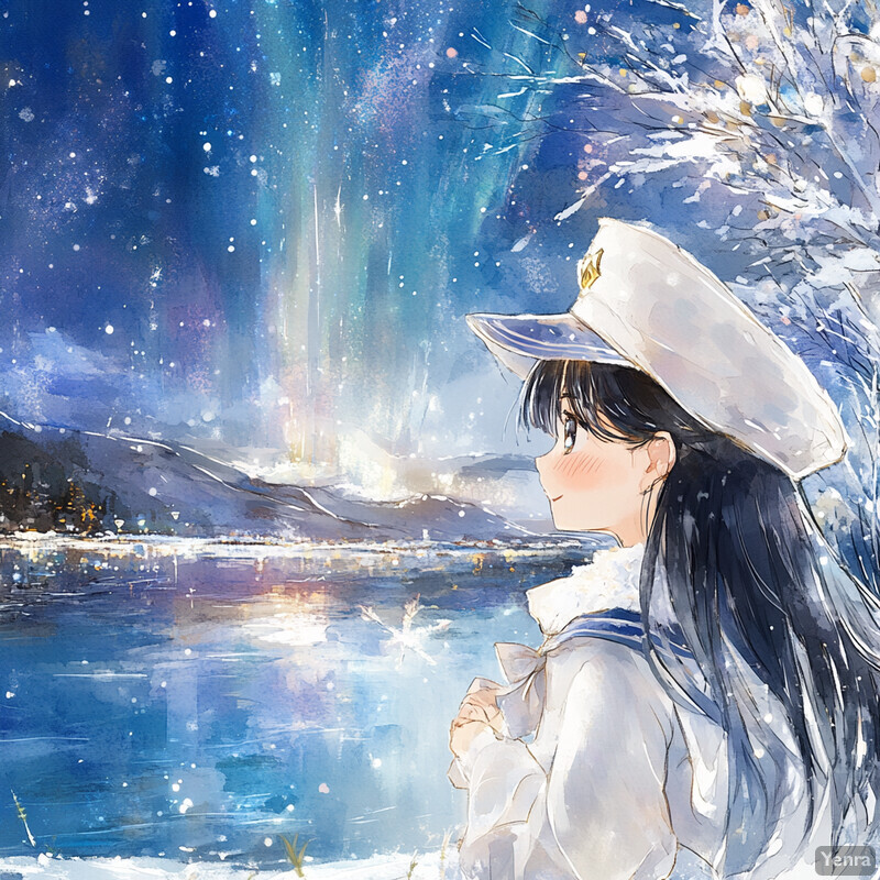 A serene winter scene featuring a young woman gazing out at a frozen lake.