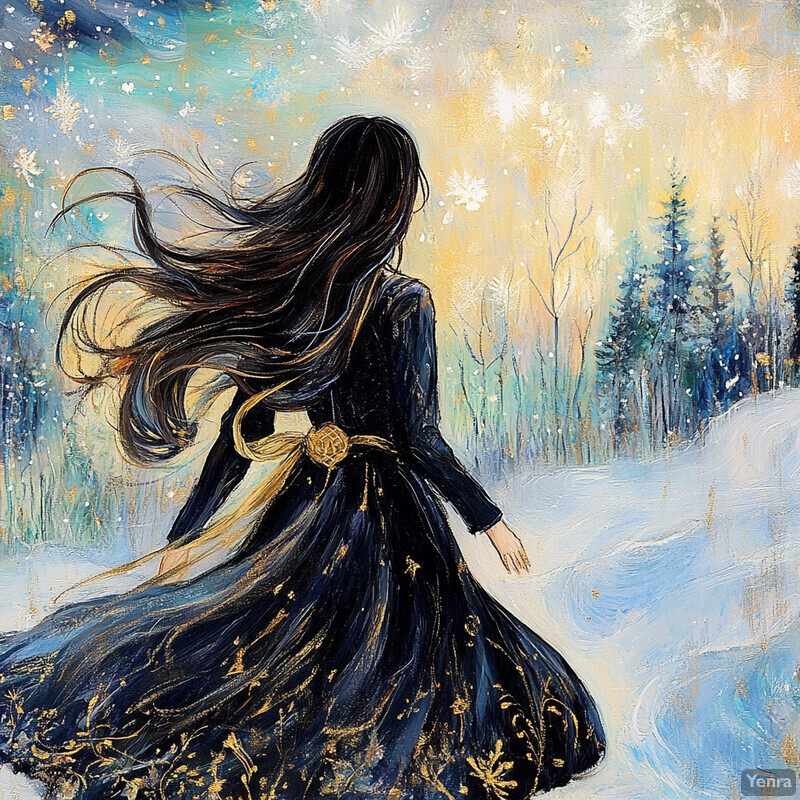 A serene winter landscape featuring a woman in a dark blue dress amidst snow-covered trees.