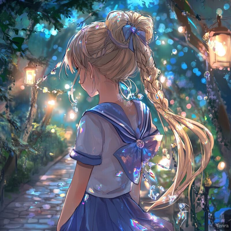 A young girl in a blue sailor-style outfit stands on a cobblestone path surrounded by lush greenery and streetlamps, exuding an ethereal quality.