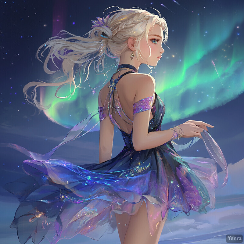 A woman stands in front of an aurora borealis display, her hair styled in loose waves and her skin glowing with a subtle sheen. She wears a shimmering gown that matches the colors of the aurora, and around her neck is a delicate necklace adorned with small, shimmering stones. The background is dominated by the breathtaking display of the aurora borealis, its vibrant hues dancing across the night sky.