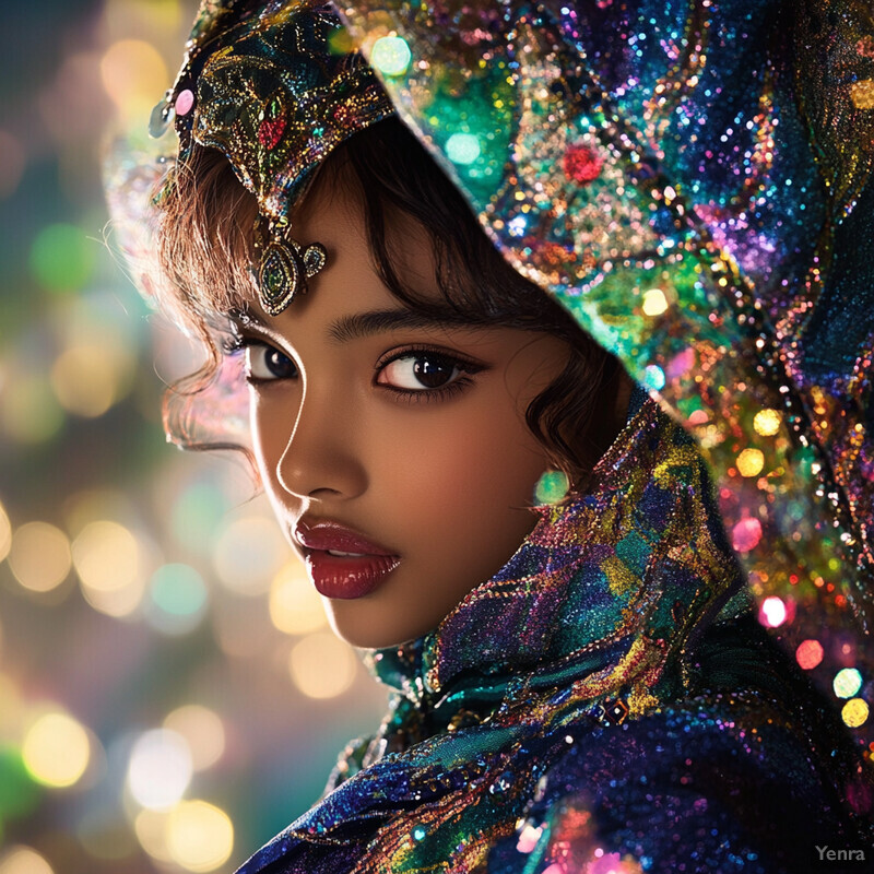 A woman in a vibrant headscarf and shawl posing against a blurred indoor background.