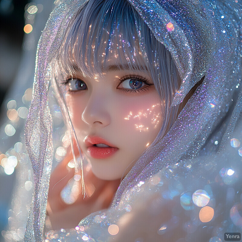 A young woman with blue eyes and blonde bangs looks directly at the camera, partially covered by a silver glittery veil.