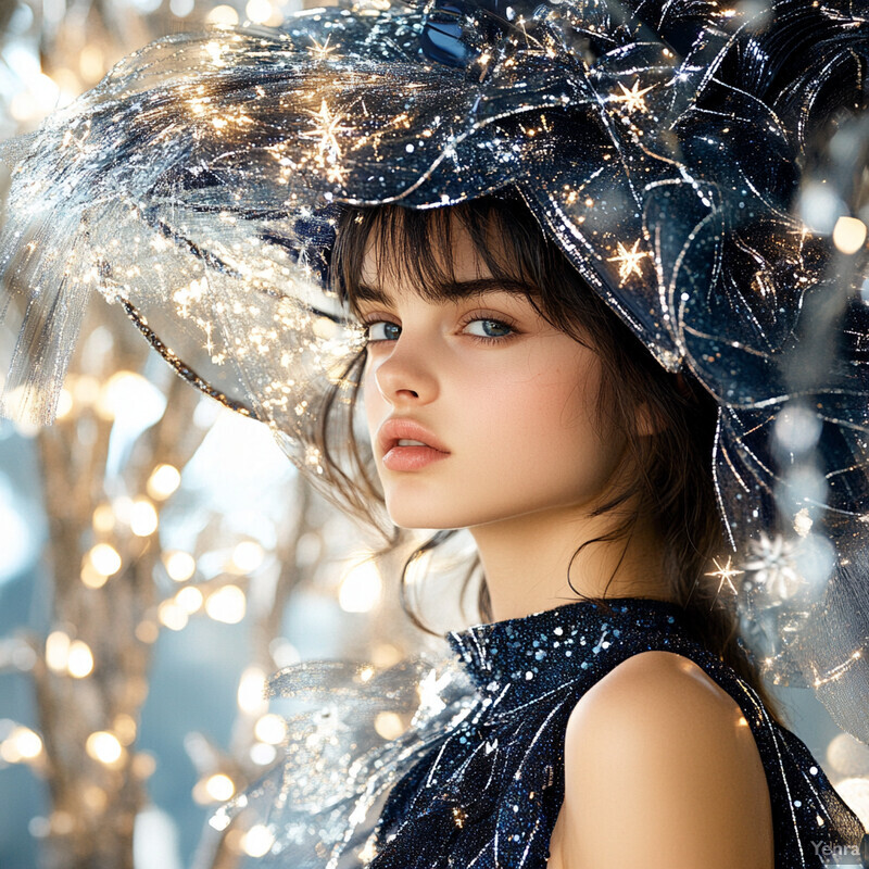 A woman in a starry dress with a large brimmed hat