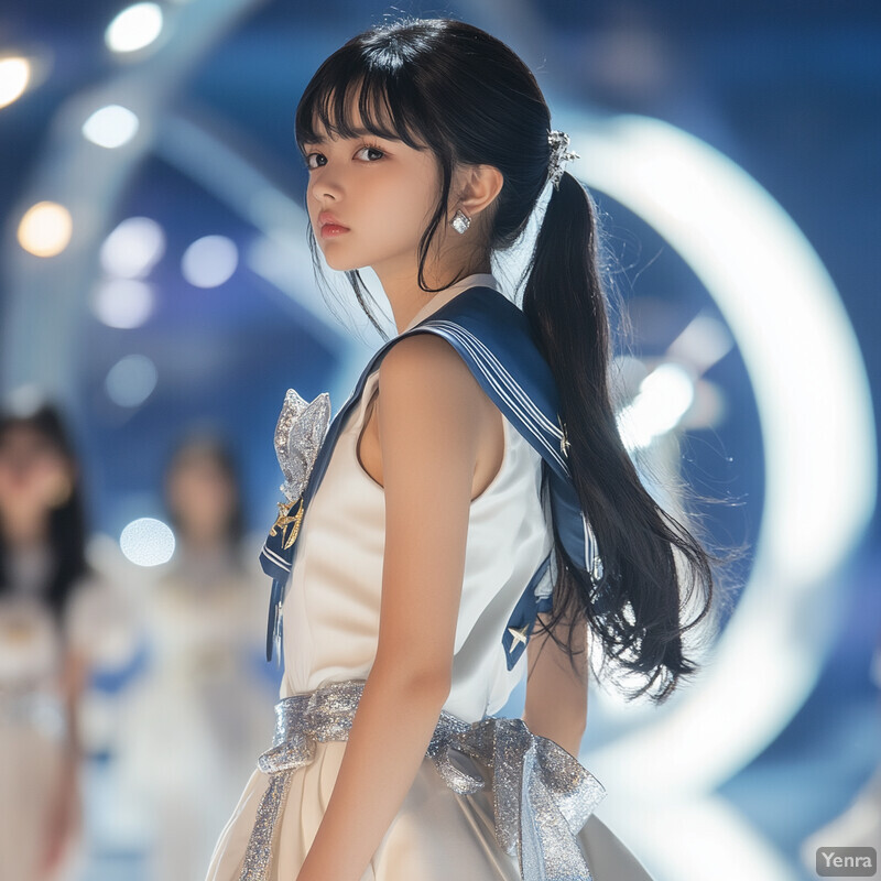 A young woman in a white sleeveless top with blue stripes on the shoulders, silver belt, and long black hair styled in a ponytail and bangs, possibly preparing to perform on stage.