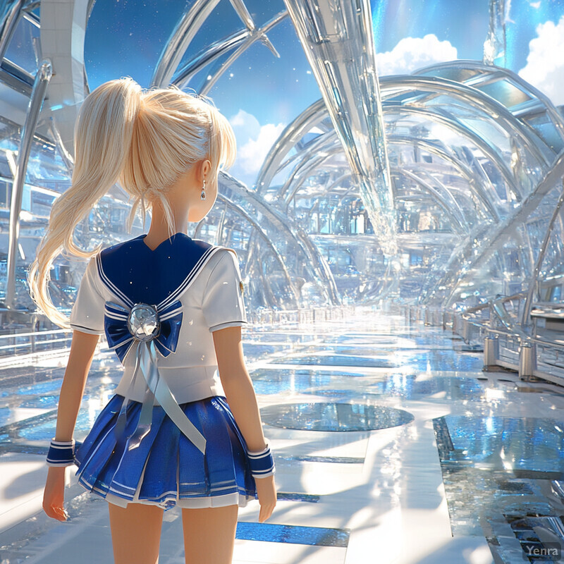 A young girl stands in front of a futuristic structure with blonde hair styled in a ponytail, wearing a white sailor-style top and blue skirt.